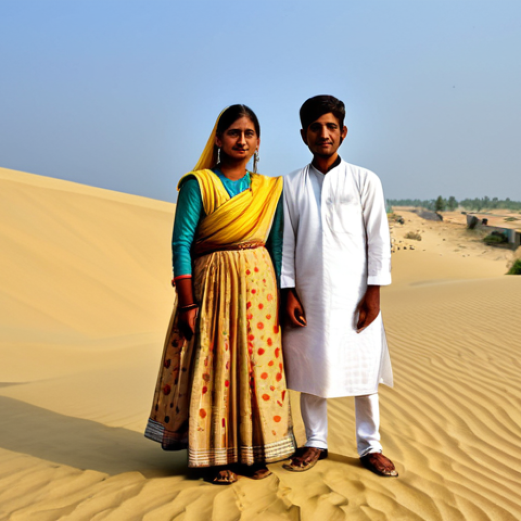 **
"Daher and Dogor, two brave friends, fully clothed in traditional Bengali attire, standing defiantly before a looming, but non-threatening, sand dune representing a desert. In the background, a small Bengali village. Safe for work, appropriate content, modest clothing, perfect anatomy, correct proportions, family-friendly illustration, professional."
**