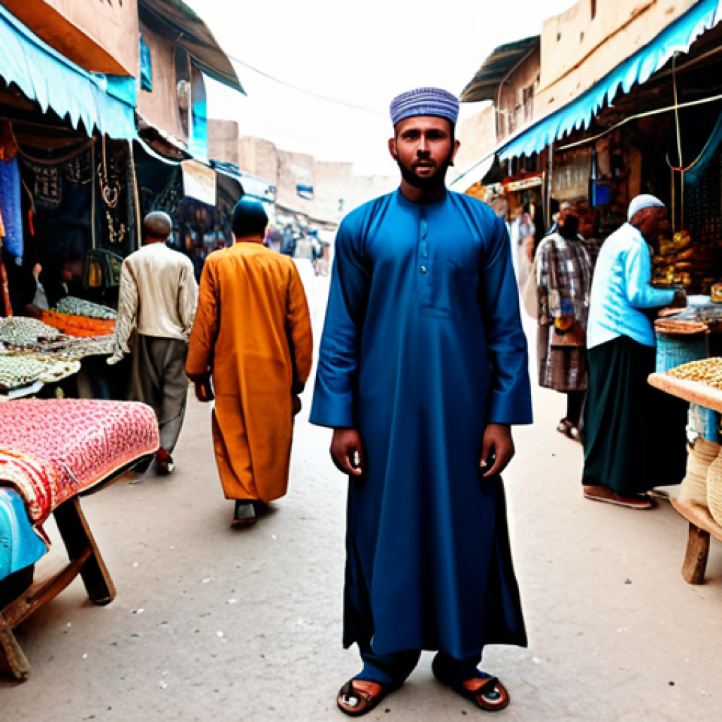 **
A Somali man in traditional *shalwar kameez* and *makawis*, fully clothed in modest attire, standing in a bustling marketplace. He wears a *tasbih* and leather bracelet. Background includes colorful fabrics and other merchants. Perfect anatomy, correct proportions, natural pose, professional, safe for work, appropriate content, high quality.
**