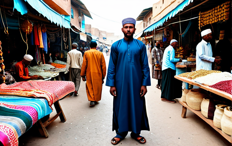 **

A Somali man in traditional *shalwar kameez* and *makawis*, fully clothed in modest attire, standing in a bustling marketplace. He wears a *tasbih* and leather bracelet.  Background includes colorful fabrics and other merchants.  Perfect anatomy, correct proportions, natural pose, professional, safe for work, appropriate content, high quality.

**