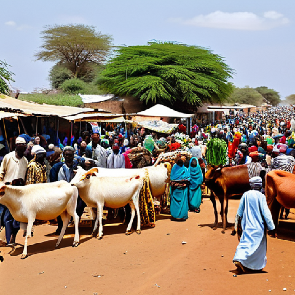 **A bustling border market scene between Somalia and Ethiopia.** Focus on vibrant colors, diverse people trading goods (livestock, grains, textiles), and modest traditional clothing. Include elements suggesting both opportunity and challenges (security presence, aid workers). *Keywords:* market, border, Somalia, Ethiopia, trade, colorful, modest clothing, safe for work, appropriate content.