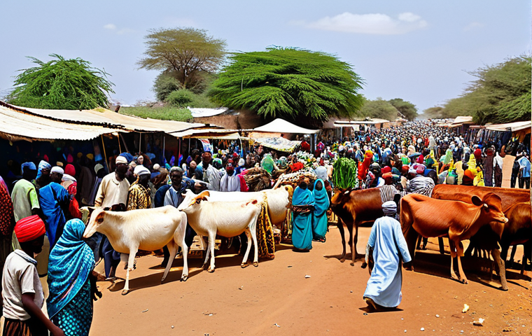 **A bustling border market scene between Somalia and Ethiopia.** Focus on vibrant colors, diverse people trading goods (livestock, grains, textiles), and modest traditional clothing. Include elements suggesting both opportunity and challenges (security presence, aid workers). *Keywords:* market, border, Somalia, Ethiopia, trade, colorful, modest clothing, safe for work, appropriate content.