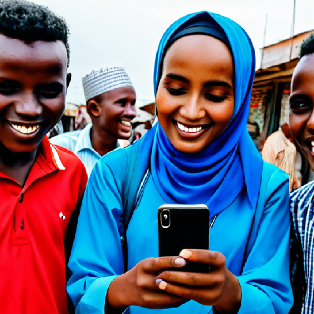 소말리아 소셜미디어 트렌드 - **

A group of young Somalis, fully clothed and in appropriate attire, enthusiastically creating Tik...