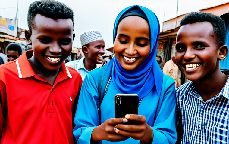 소말리아 소셜미디어 트렌드 - **

A group of young Somalis, fully clothed and in appropriate attire, enthusiastically creating Tik...