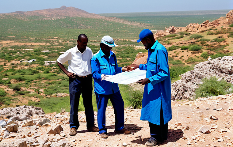 소말리아의 자원 개발 - Resource Assessment**

"A team of geologists in appropriate attire, fully clothed, examining geologi...