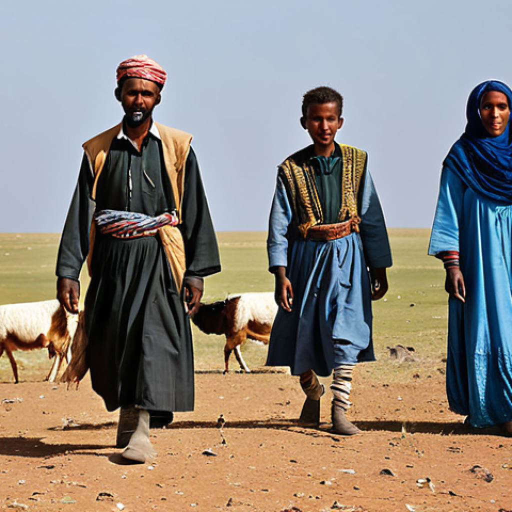 소말리아 역사 연구 - **

"Somali nomad family with traditional clothing, herding livestock in a vast, open landscape, ful...