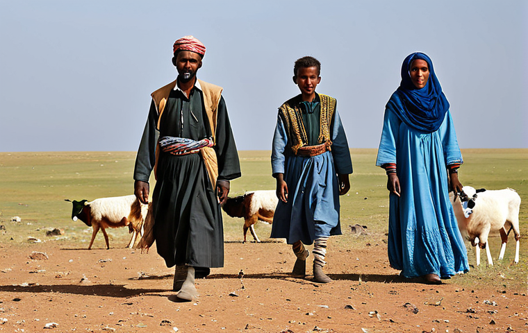 소말리아 역사 연구 - **

"Somali nomad family with traditional clothing, herding livestock in a vast, open landscape, ful...