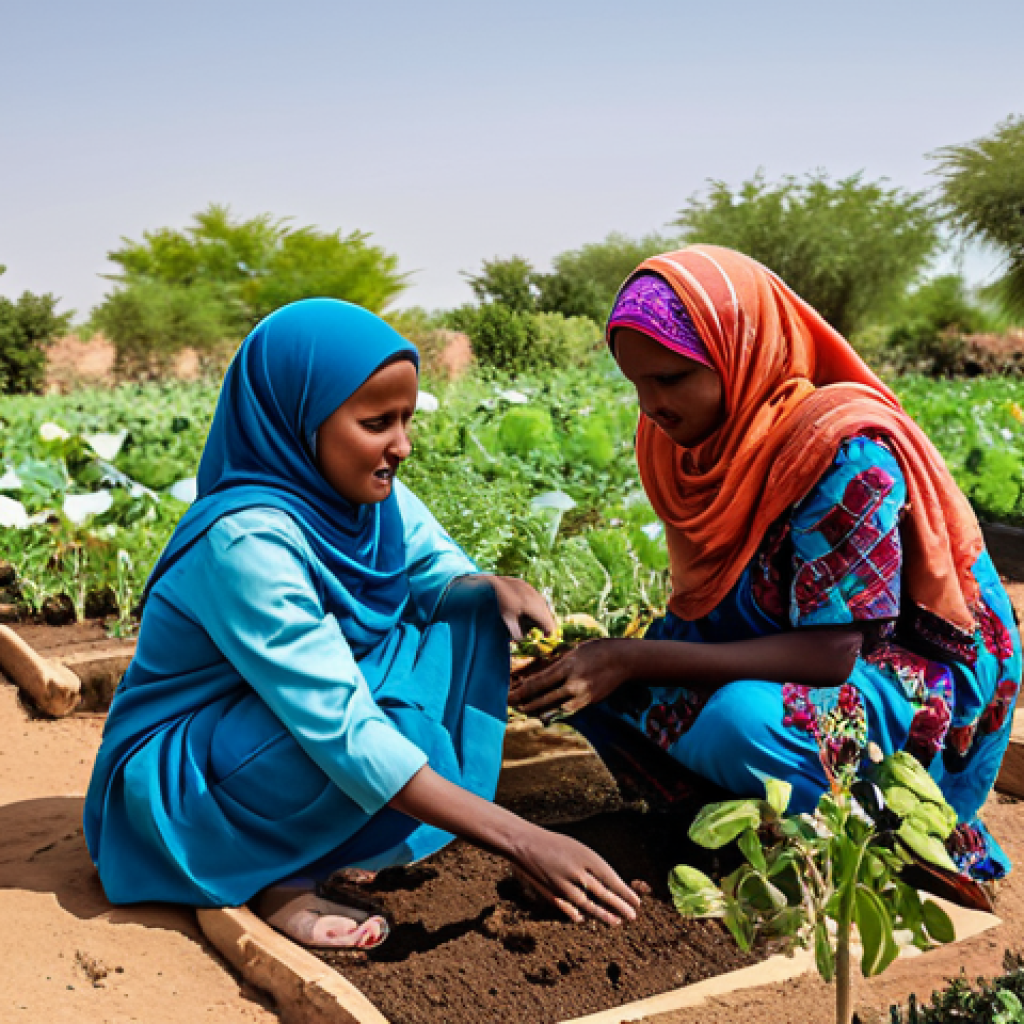 소말리아의 자연재해 - **

A family-friendly scene of Somali women in modest, colorful clothing, working together to cultiv...