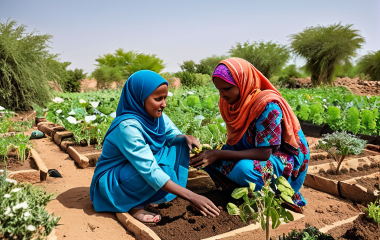 소말리아의 자연재해 - **
A family-friendly scene of Somali women in modest, colorful clothing, working together to cultiv...