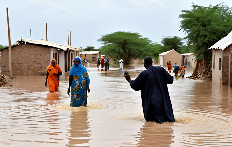 소말리아의 자연재해 - **

A family-friendly scene of Somali women in modest, colorful clothing, working together to cultiv...