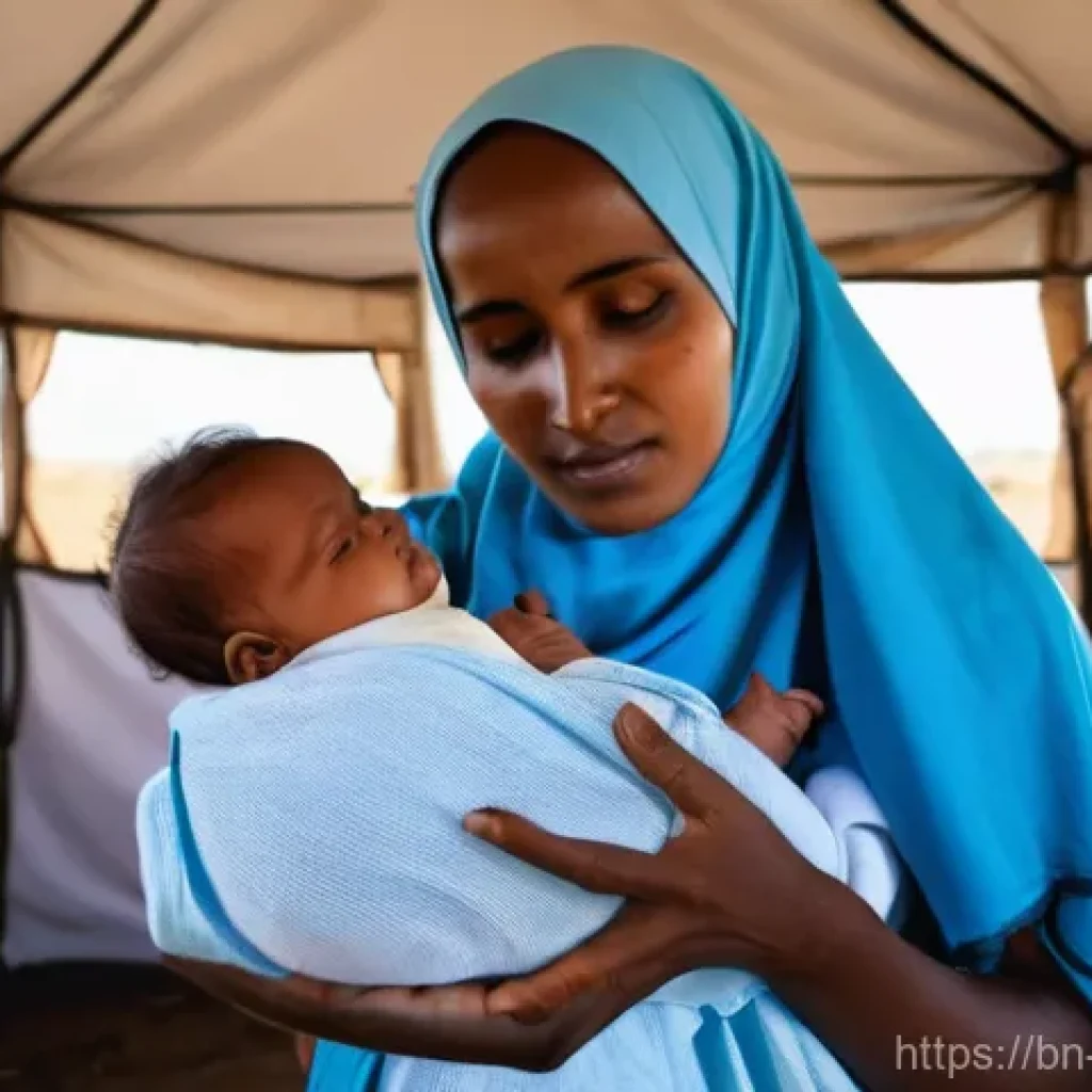 소말리아의 건강 문제 - **Prompt:** A compassionate female Somali health worker, wearing a clean, modest uniform and a head ...