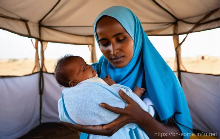 소말리아의 건강 문제 - **Prompt:** A compassionate female Somali health worker, wearing a clean, modest uniform and a head ...