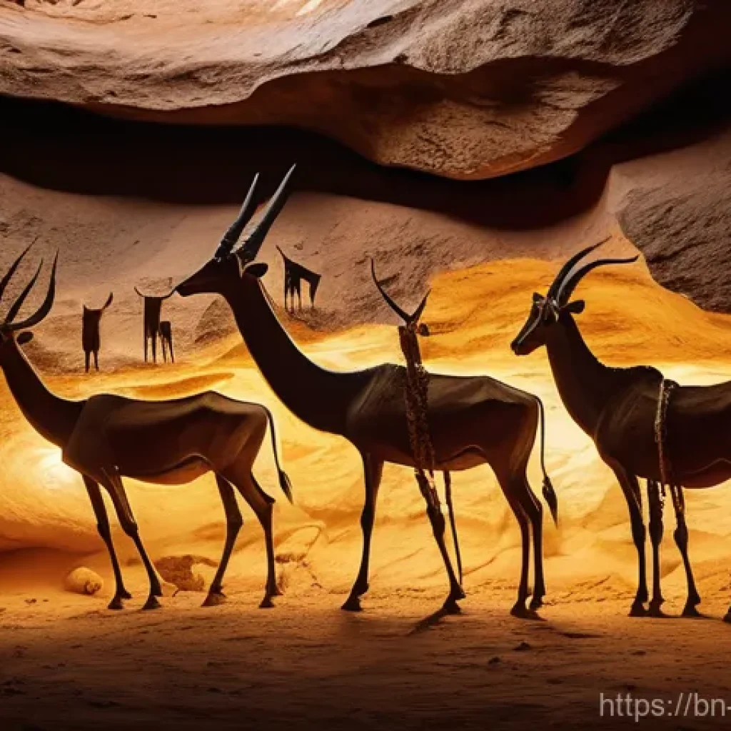 소말리아의 역사적 명소 - **Prompt:** "A detailed, realistic portrayal of ancient cave paintings found in Laas Geel, Somalilan...