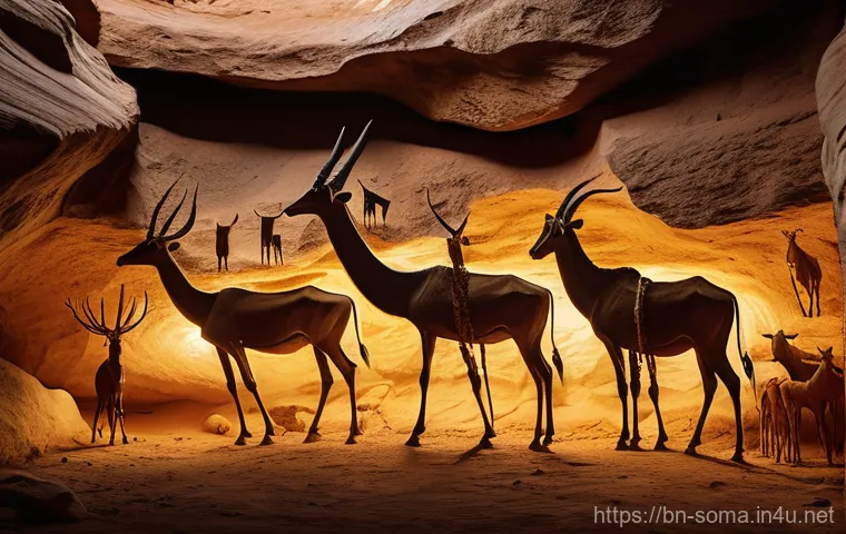 소말리아의 역사적 명소 - **Prompt:** "A detailed, realistic portrayal of ancient cave paintings found in Laas Geel, Somalilan...
