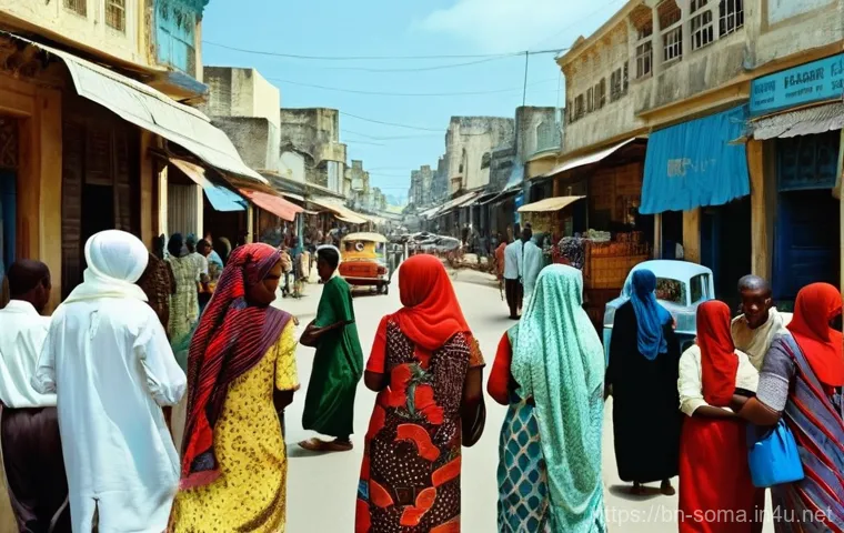 소말리아 해적 활동의 역사적 배경 - **Prompt:** A vibrant and peaceful street scene in Mogadishu, Somalia, during its "Africa's Switzerl...