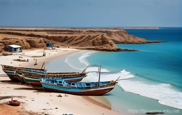 소말리아 해적 활동의 역사적 배경 - **Prompt:** A poignant scene on the Somali coastline in the late 1980s, depicting the initial signs ...