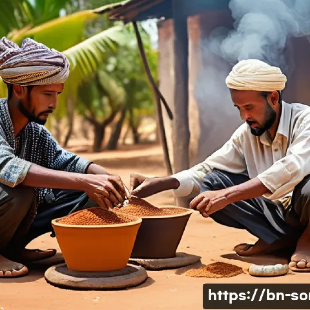 소말리아 커피 문화 - A detailed scene of traditional Somali coffee preparation in a rural setting, showing local farmers ...