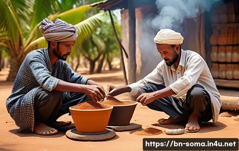 소말리아 커피 문화 - A detailed scene of traditional Somali coffee preparation in a rural setting, showing local farmers ...