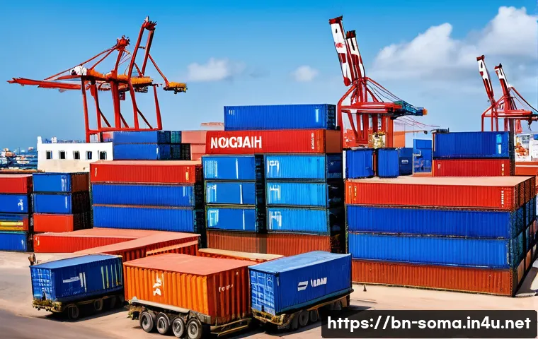 소말리아의 유명 항구 도시 - A bustling modern Somali port scene at Mogadishu, showing advanced cranes lifting containers with fi...