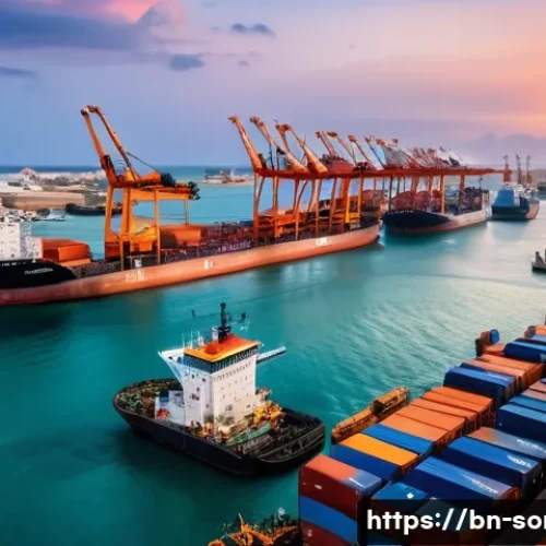 소말리아의 주요 어항 - A vibrant coastal Somali port scene at Mogadishu during golden hour, bustling with activity. Large c...