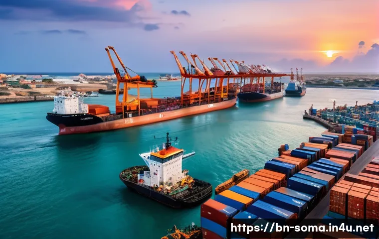 소말리아의 주요 어항 - A vibrant coastal Somali port scene at Mogadishu during golden hour, bustling with activity. Large c...