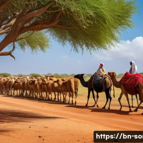 소말리아의 주요 무역품 - A vibrant pastoral scene in Somalia showcasing local farmers tending to livestock including cattle, ...