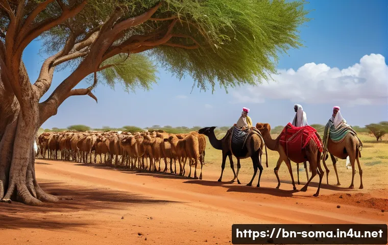 소말리아의 주요 무역품 - A vibrant pastoral scene in Somalia showcasing local farmers tending to livestock including cattle, ...