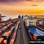 소말리아 항구와 교역 - A bustling Somali seaport scene at sunrise, showcasing modernized loading and unloading machinery ef...