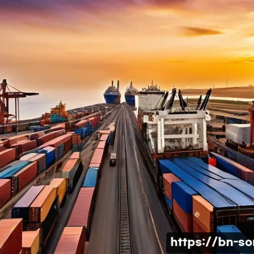 소말리아 항구와 교역 - A bustling Somali seaport scene at sunrise, showcasing modernized loading and unloading machinery ef...