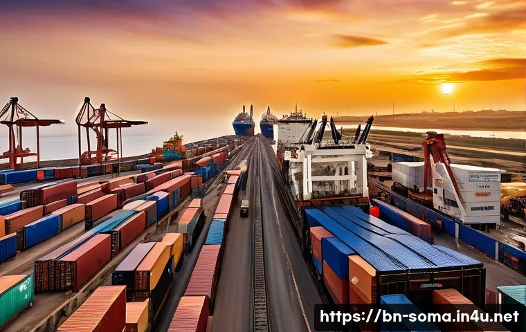 소말리아 항구와 교역 - A bustling Somali seaport scene at sunrise, showcasing modernized loading and unloading machinery ef...