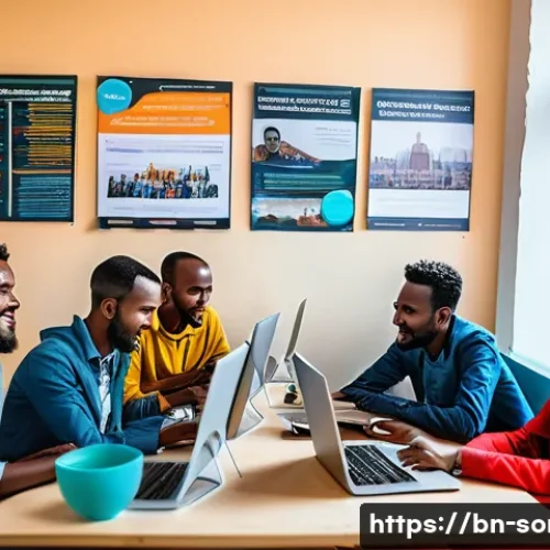 소말리아의 스타트업 산업 - A vibrant scene inside a modern Somali startup hub in Mogadishu, featuring diverse young Somali entr...