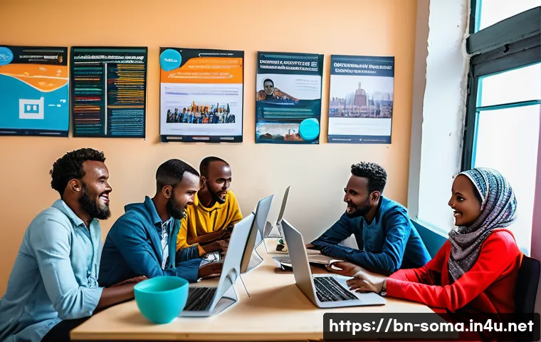 소말리아의 스타트업 산업 - A vibrant scene inside a modern Somali startup hub in Mogadishu, featuring diverse young Somali entr...