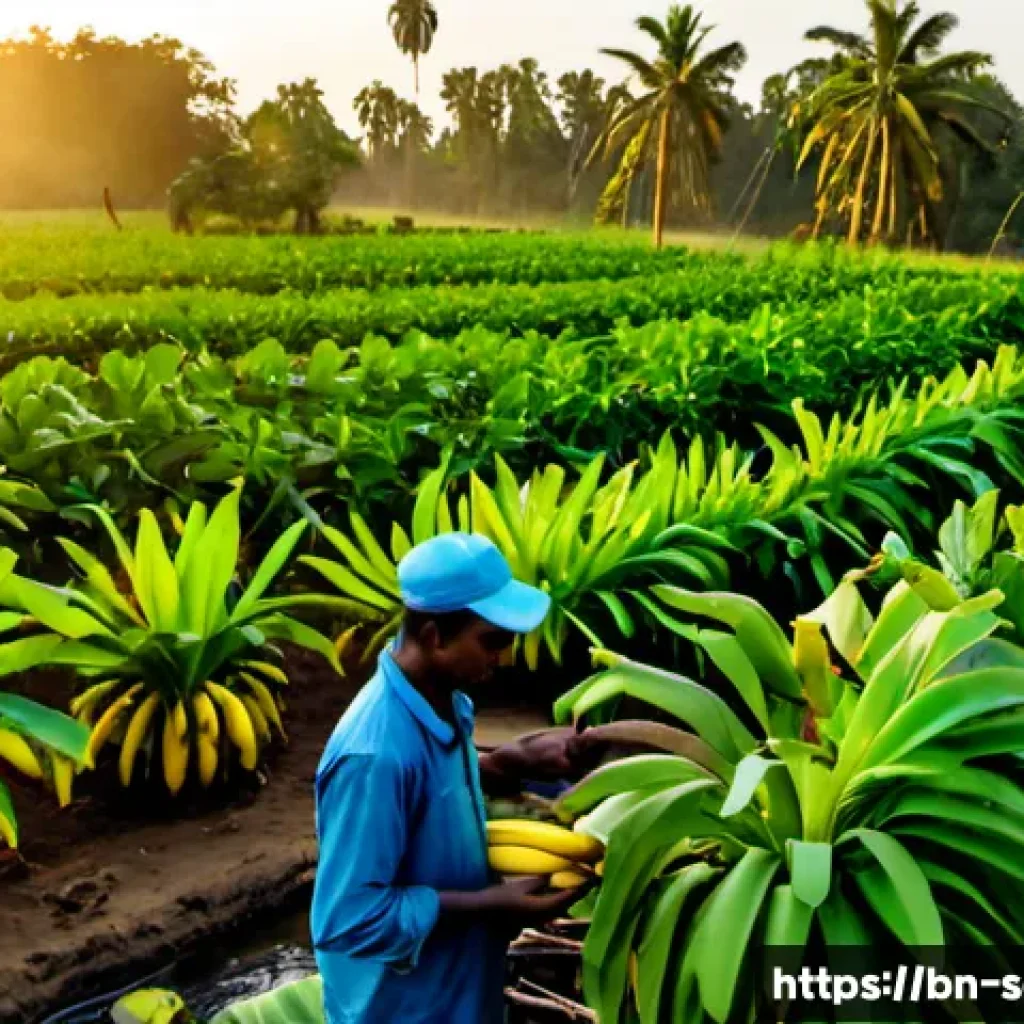 소말리아의 주요 농산물 - Photorealistic Somali banana plantation at sunrise, tall lush banana plants with broad green leaves ...