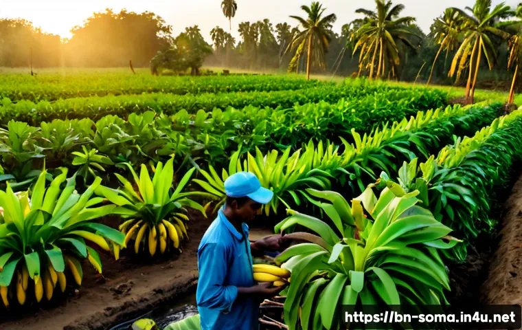소말리아의 주요 농산물 - Photorealistic Somali banana plantation at sunrise, tall lush banana plants with broad green leaves ...