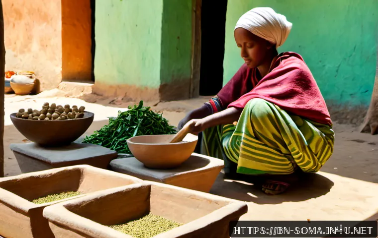 소말리아의 전통 의술 - Photorealistic Somali traditional herbal medicine preparation in a sunlit courtyard, an experienced ...