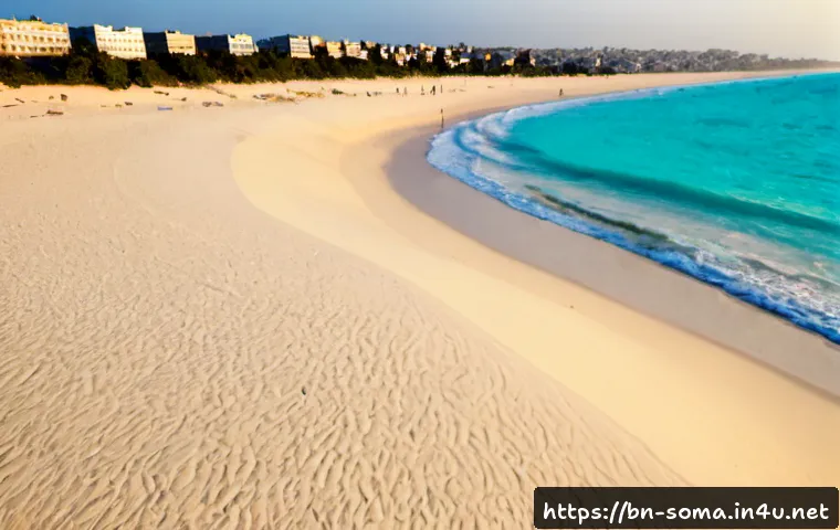 Home 17 모가디슈 여행 가이드 - Photorealistic travel scene in Mogadishu, Somalia, wide view of Liido Beach at golden sunrise, turqu...
