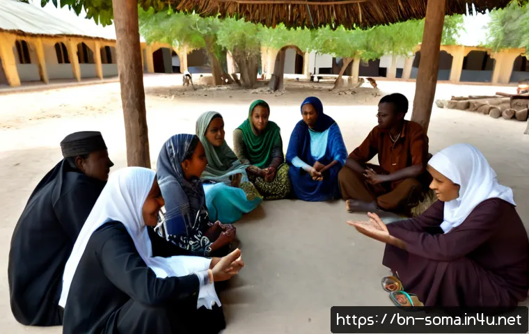 소말리아 민족 분쟁의 해결책 - Photorealistic community peace dialogue in Somalia, respected elders, women leaders, and young adult...