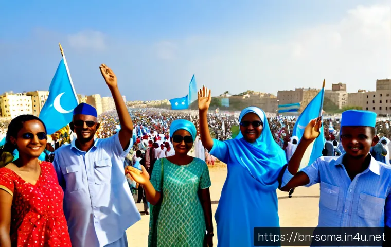 소말리아의 독립 기념일 행사 - Photorealistic Somali Independence Day celebration in Mogadishu, diverse families in modest festive ...