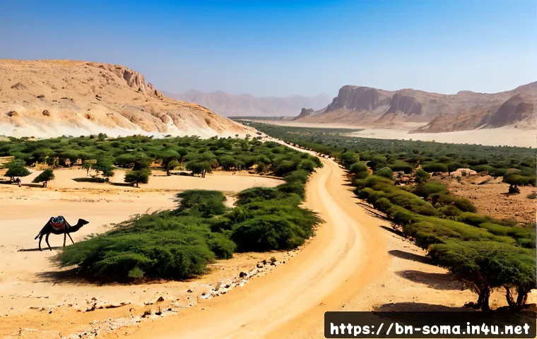 소말리아의 기후와 지형 - Photorealistic panoramic view of Somalia’s arid northern landscape, sunlit limestone mountains desce...